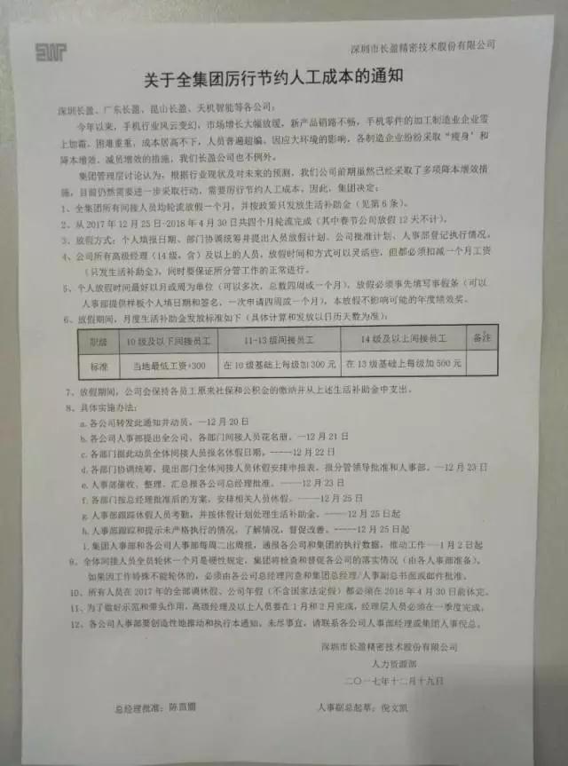 長盈精密澄清&ldquo;虧損2億AB客戶出問題&rdquo;不存在，員工輪流休假一月