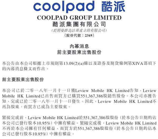 酷派集團(tuán)：賈躍亭旗下公司出售5.51億股份，不再持股